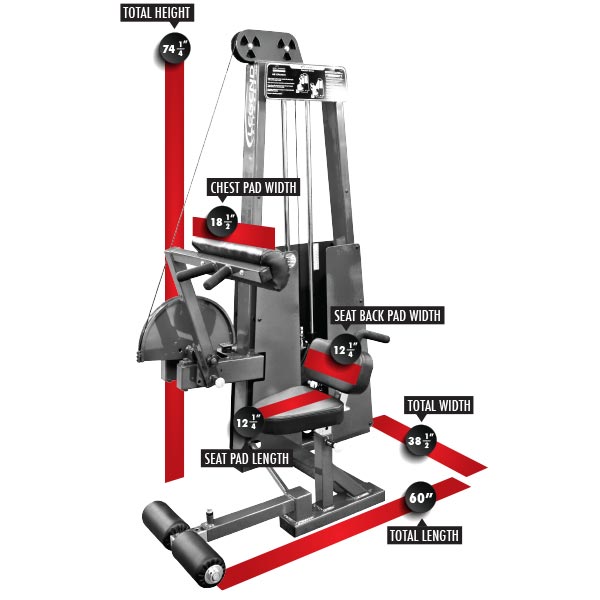 Legend Fitness Ab Crunch Machine 941 with silver frame and written dimensions 60"L x 38.5" W x 74 1/4" H, highlighting adjustable features and compact design.