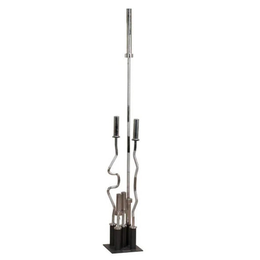 Body-Solid GOBH5 Olympic Bar Holder 5 Bar Vertical storage rack holding multiple barbells, including Olympic bars and curl bars, for organized gym space.