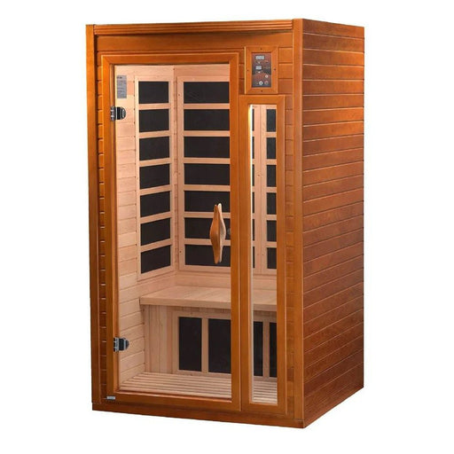 Dynamic Barcelona 2-Person Far Infrared Sauna made from Canadian Hemlock with chromotherapy lighting left side