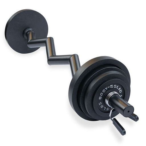 Body-Solid FAT CURL BAR OB48F loaded with weight plates, showcasing its thick 2" grip and Olympic weight plate compatibility, ideal for strength training exercises.