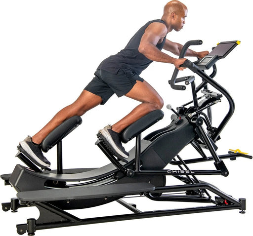 Chisel Challenger full-body strength and cardio machine in the power sprint exercise position, showcasing its adjustable angle feature for near-horizontal workouts, ideal for targeting different muscle groups in commercial and home gym settings.