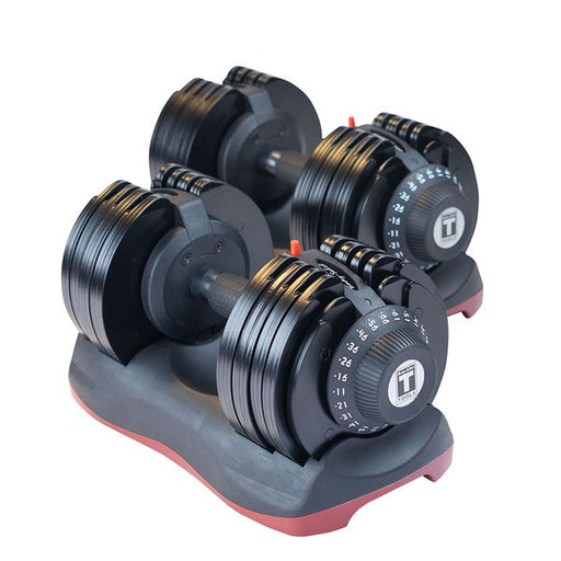 Body-Solid Adjustable Dumbbells with ergonomic handles and optional stand, showcasing weight plates and smooth adjustment system.