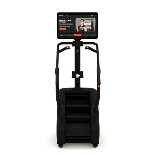 Front view of the STEPR+ Stair Climber, highlighting the compact design and 27" HD touchscreen display.