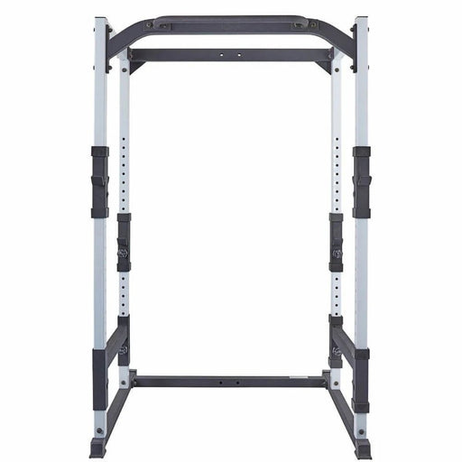 Front view of the York Barbell FTS Power Cage 48053 highlighting the adjustable bar positions, integrated chin-up bar, and double bar holders for versatile strength training.