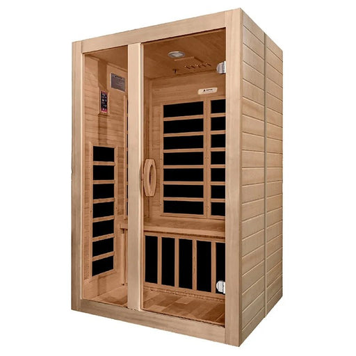 Angled side view of Dynamic Santiago 2-Person Infrared Sauna with tempered glass door