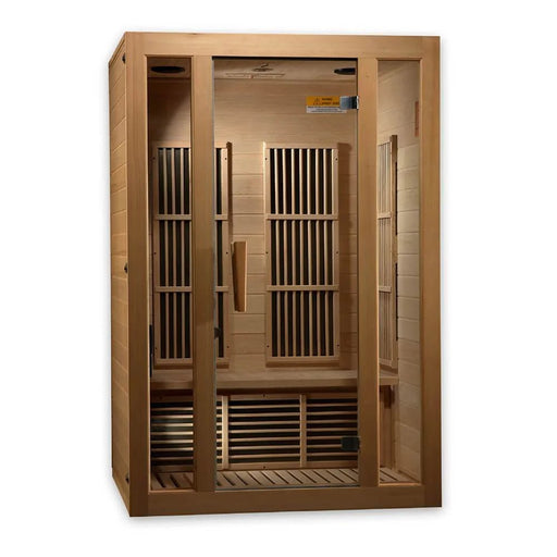 Front view of Maxxus Seattle 2-Person Infrared Sauna with tempered glass door