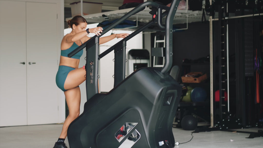 Video demonstration of the STEPR Pro+ Stair Climber with male narration, showing various settings and features, including on-demand classes, with male and female athletes in varying settings using the stair climber.