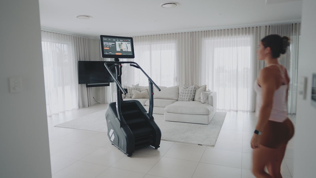 Video demonstration of various athletes using the STEPR+ Stair Climber in different settings, showcasing promotional and functional features, including accessibility, touchscreen use, and workout versatility.