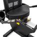 Close-up view of the Spirit Fitness XBR95 Recumbent Bike's adjustable high-density foam seat and ergonomic handlebars with integrated pulse sensors.