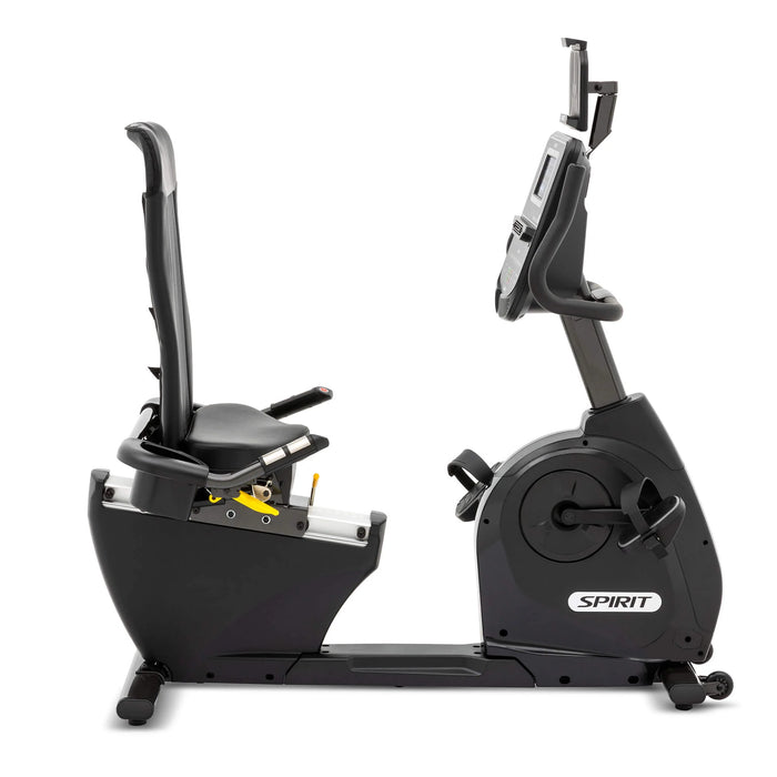 Side view of the Spirit Fitness XBR95 Recumbent Bike from left to right with the seat back in an upright position, highlighting the adjustable high-density foam seat and sturdy frame design.