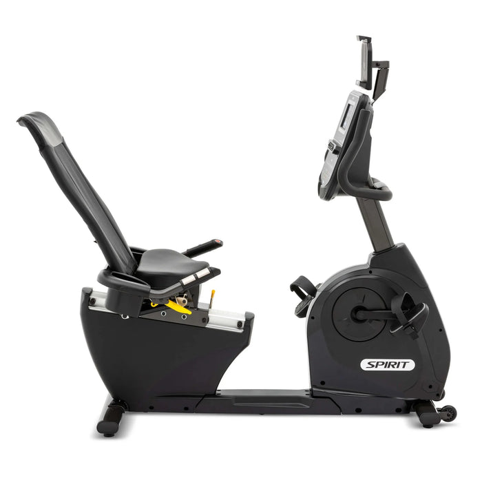 Side view of the Spirit Fitness XBR95 Recumbent Bike from left to right with the seat back in a reclined position, showing the adjustable high-density foam seat and ergonomic design