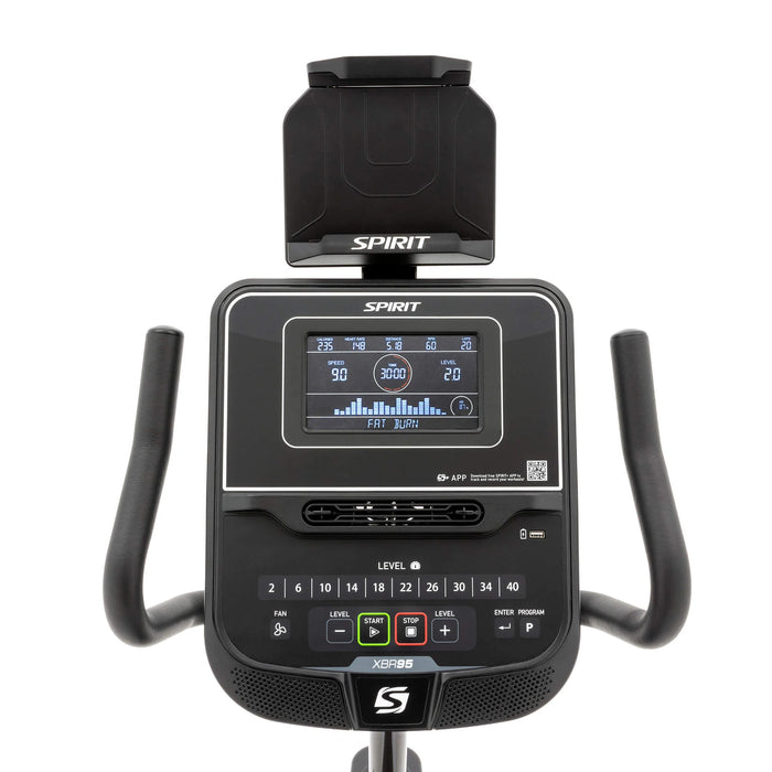 Close-up of the 7.5” multi-color ClearView™ console on the Spirit Fitness XBR95 Recumbent Bike with direct resistance controls