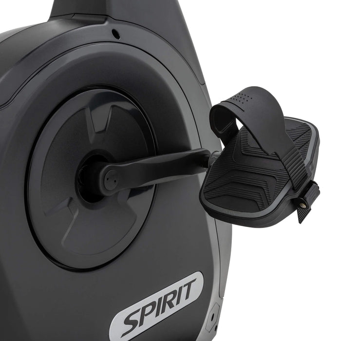 Close-up view of the right side pedal on the Spirit Fitness XBR95 Recumbent Bike, showcasing the large cushioned quick-latch foot pedal for comfortable and secure footing
