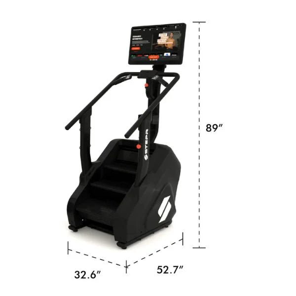 Side view from the right of the STEPR Pro+ Stair Climber, showing dimensions 52.7"L x 32.6"W x 89"H, highlighting the compact footprint and floating step design.