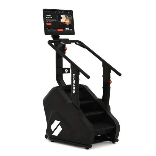 Side view from the left of the STEPR Pro+ Stair Climber, showcasing the 7" floating steps and sturdy commercial-grade construction.