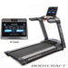 Bodycraft T800 Treadmill on a white background with zoomed-in image of 16" console showing advanced features and controls.