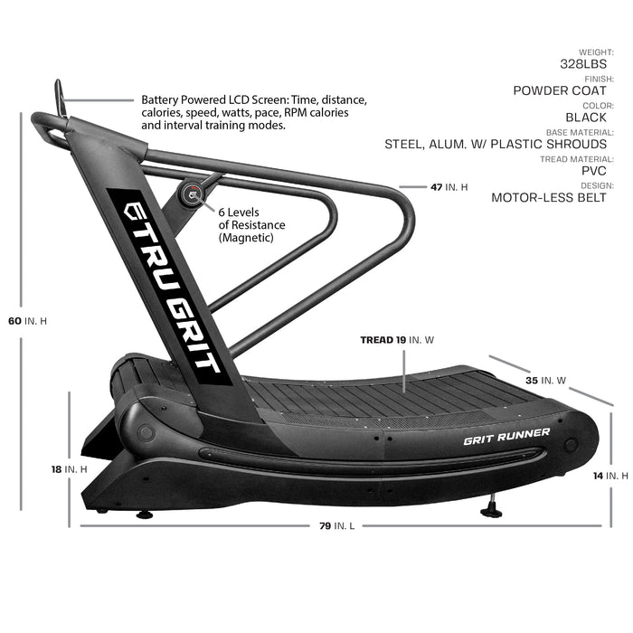 Side view of the Tru Grit Grit Runner treadmill with feature notes