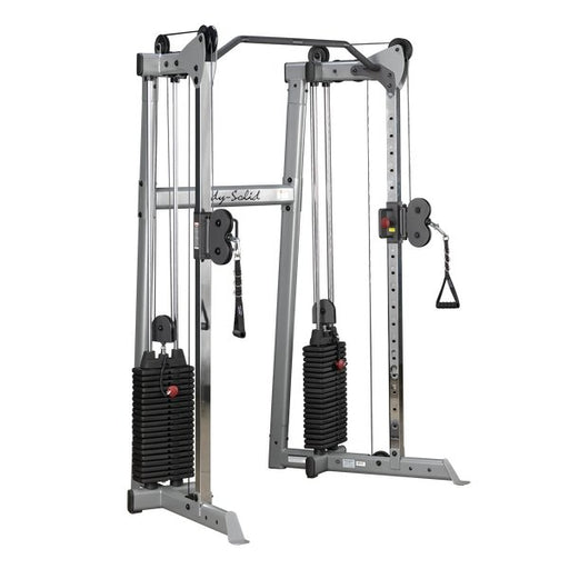 Body-Solid GDCC210 Compact Functional Trainer Cable Machine with dual weight stacks, ergonomic design, and space-saving footprint, shown on a white background.