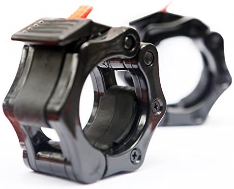 Black ISF Barbell Collars Olympic 2-inch Clamps Locking on a white background, showcasing durable ABS construction and quick-release mechanism for secure weight lifting.
