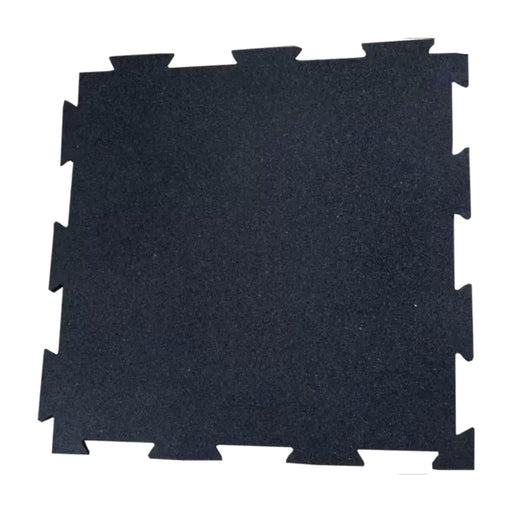 Close-up of interlocking black puzzle mats made of heavy-duty rubber, showcasing the puzzle-style edges for easy installation, designed to protect floors and equipment in any workout space.