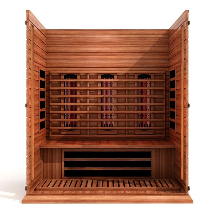 Interior of Maxxus full spectrum infrared sauna showing cedar seating and chromotherapy lighting