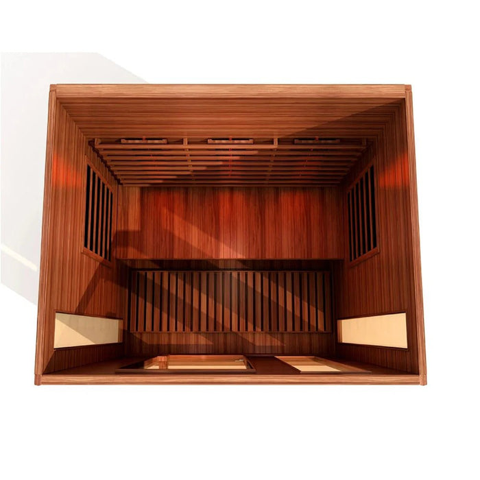 Overhead top view inside Maxxus 3-person sauna showing heater panels and layout