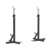 Independent Squat Stands by York Barbell with adjustable height, foot plate for stability, and weight plate storage pegs - perfect for strength training in home gyms.

