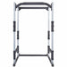 Front view of the York Barbell FTS Power Cage 48053 highlighting the adjustable bar positions, integrated chin-up bar, and double bar holders for versatile strength training.
