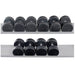 Body-Solid Round Rubber Coated Dumbbell Set 55-75 lbs with chrome handles and rubber-coated heads, including 10 dumbbells.