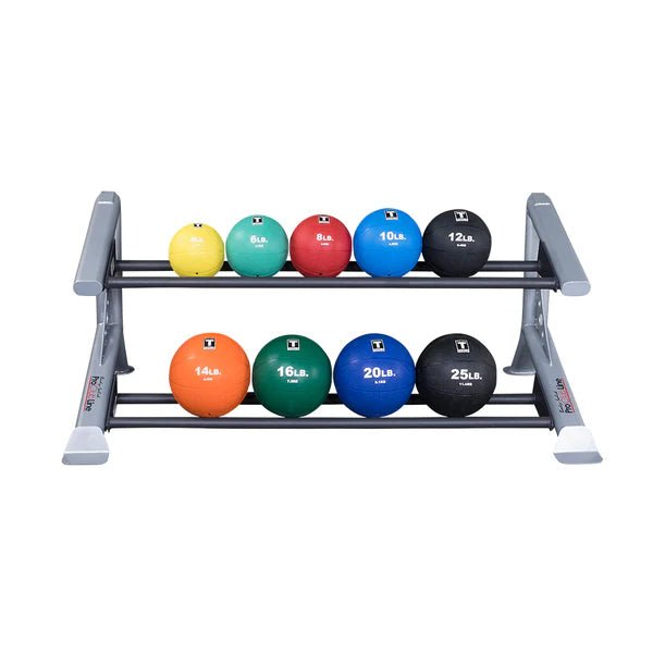 Front view of the Body-Solid SDKR1000MD & SDKR500MD Medicine Ball Racks with medicine balls