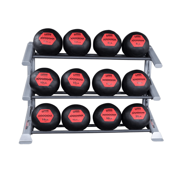 Front-facing view of the Body-Solid SDKR1000MD Three-Tier Medicine Ball Rack with wall balls neatly stored