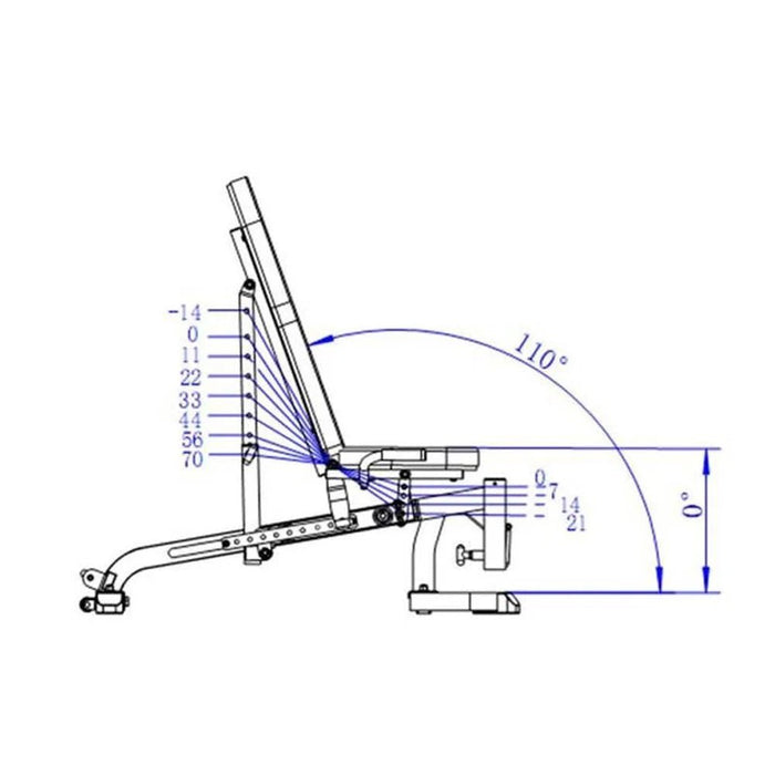 Diagram showing bench pad angles for the Powertec Workbench FID Bench WB-UB20.