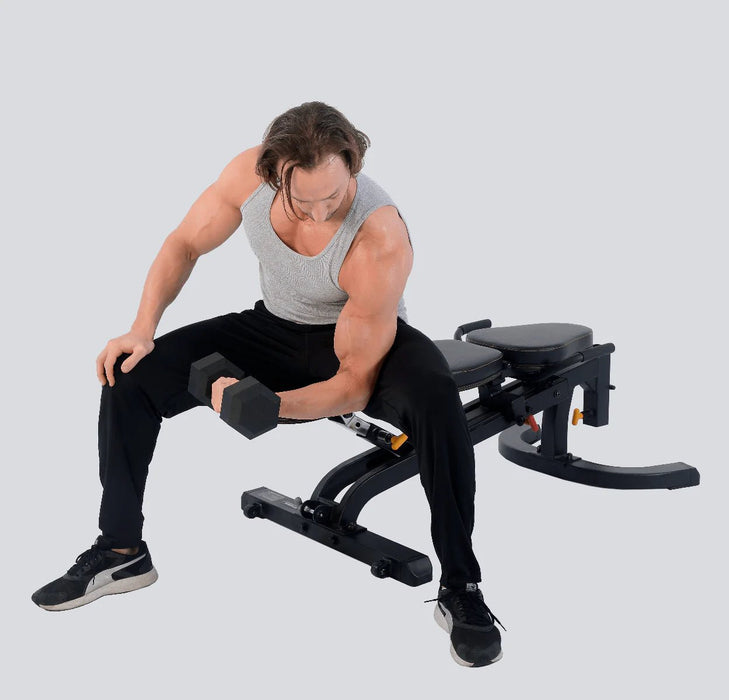 Athlete performing single-arm bicep curl on the flat bench of Powertec Workbench FID Bench WB-UB20.