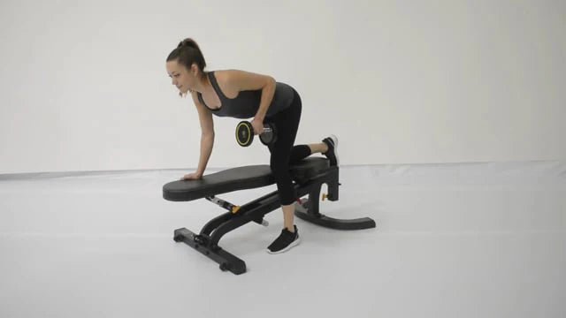 Powertec Workbench FID Bench WB-UB20 flat position for single-arm row exercises.