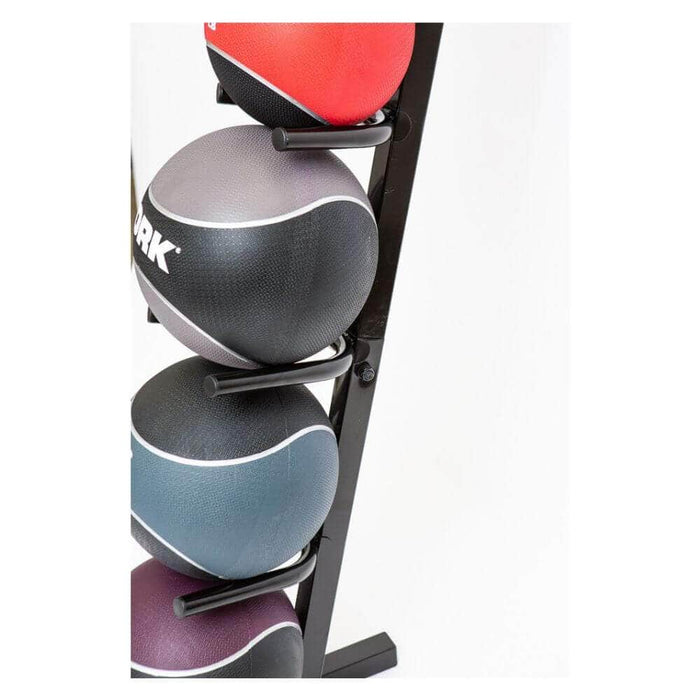Close-up of York Barbell Vertical Medicine Ball Display Stand with medicine balls