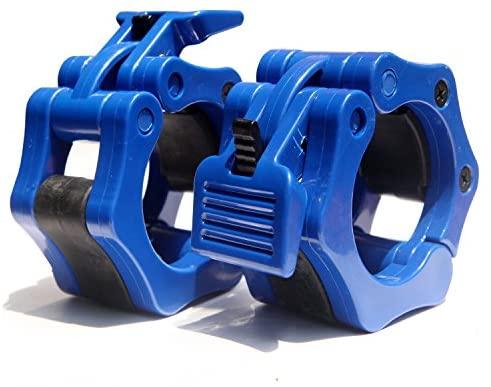 Blue ISF Barbell Collars Olympic 2-inch Clamps Locking on a white background, highlighting the strong ABS build and fast-release function for secure and efficient lifting.