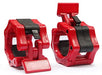 Red ISF Barbell Collars Olympic 2-inch Clamps Locking on a white background, featuring a robust design with easy-to-use quick-release clips for Olympic barbells.