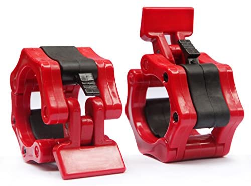 Red ISF Barbell Collars Olympic 2-inch Clamps Locking on a white background, featuring a robust design with easy-to-use quick-release clips for Olympic barbells.